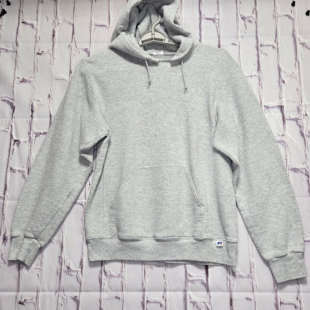 Y2K Russell Athletic Men Heather Gray Pullover Hoodie Sweatshirt Medium V-Stitch